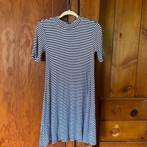 Navy and white ribbed mock neck dress